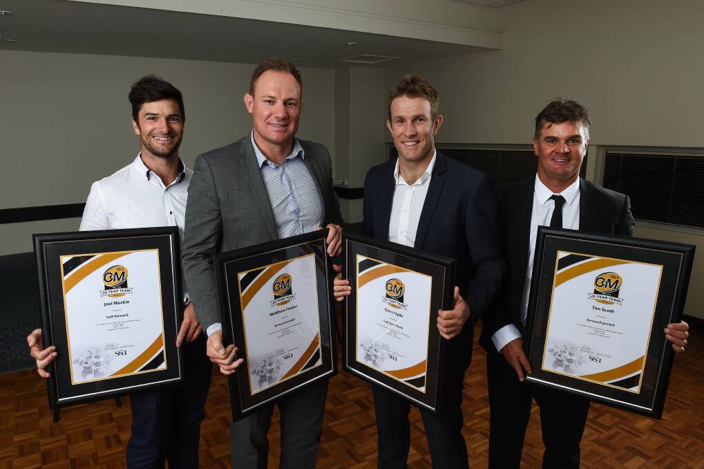 FAB FOUR: Albury's Joel Mackie (left), Matt Fowler, Chris Hyde and Tim Scott were named in the Team of the Past 25 Years, along with fellow Tiger Glenn Page, who was unable to attend. Picture: MARK JESSER