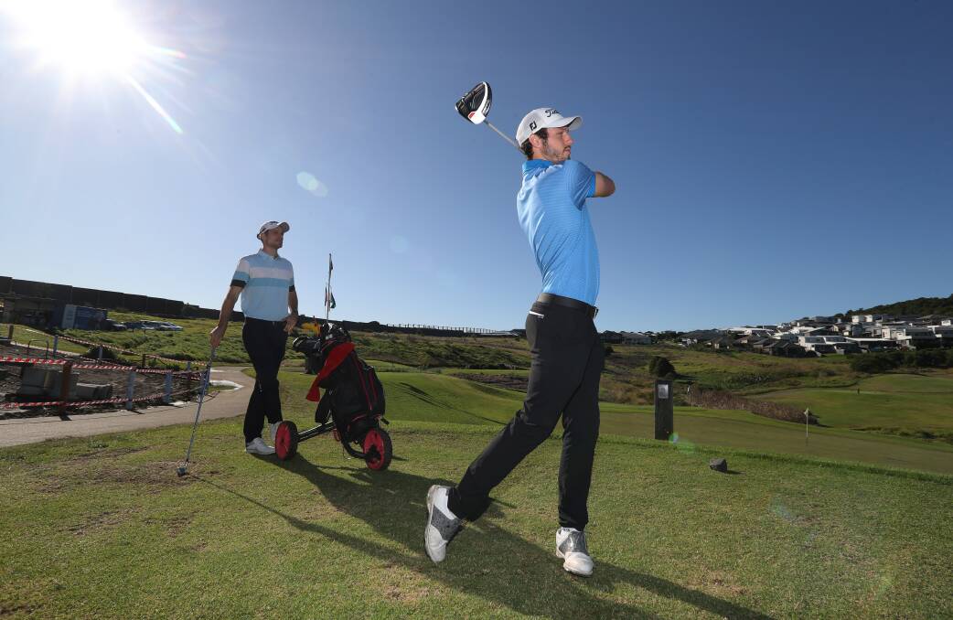Pro golfer Jordan Zunic watches on as his brother, Illawarra basketballer Kyle Zunic, tees off.