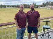 Barooga coach Tim Hargreaves (left) with club president Marcus Fry after the pair agreed to terms on Saturday. Picture: BAROOGA FC