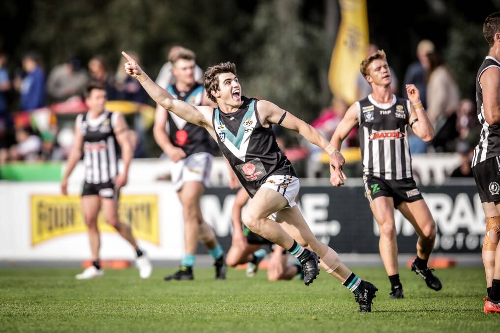 Lavington's Shaun Mannagh celebrates a goal in last year's grand final against Wangaratta. The O and M is yet to make a decision on this year, unlike Sunraysia.