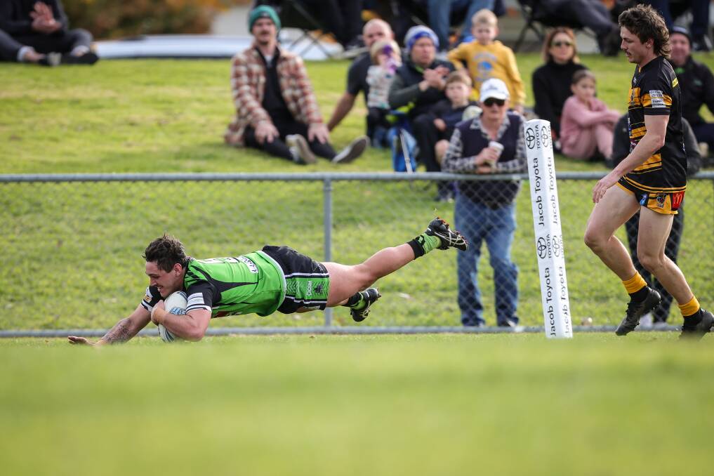 WHAT A PASS: Albury Thunder's Lachie Curtain-Marlowe scores his team's first try after a superb long ball from halfback Jack Mallinson. Picture: JAMES WILTSHIRE