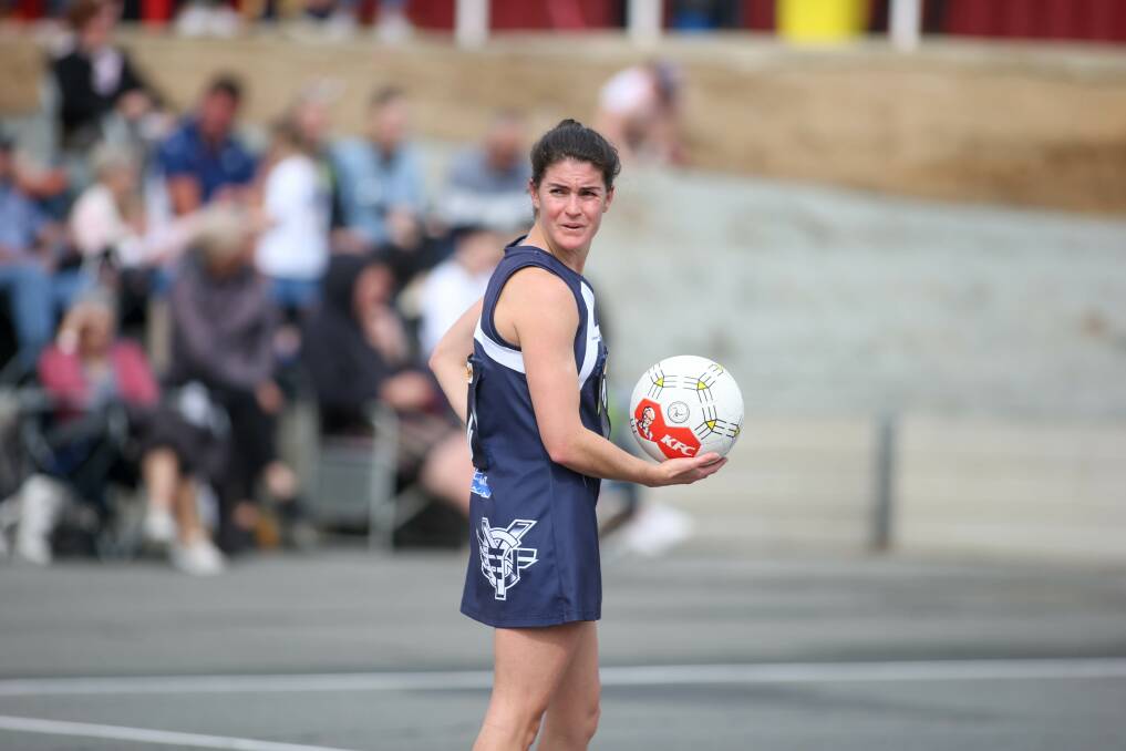 Yarrawonga's Laura Irvine gets ready for a centre pass in last year's finals series. Irvine is set to have her second child in September, but is planning to play in 2021.
