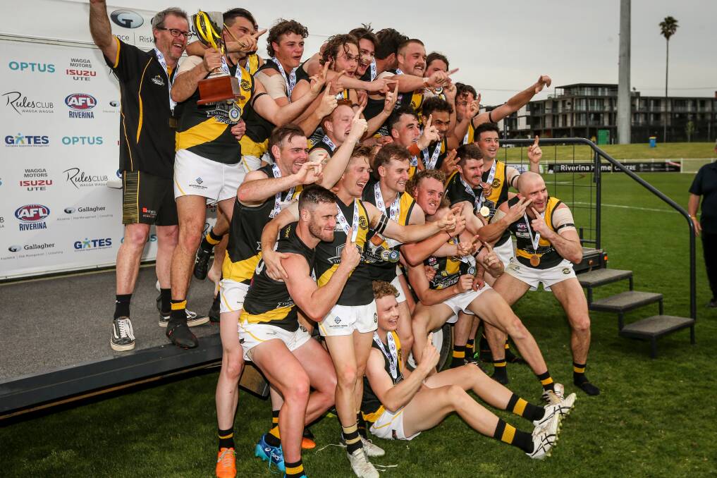 YOU BEAUTY: Wagga Tigers celebrate the 21-point win over Leeton Whitton. Pictures: JAMES WILTSHIRE