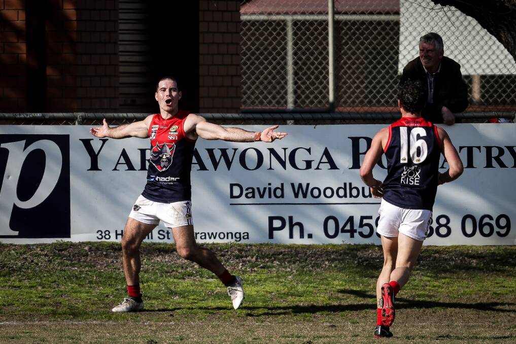 Wodonga Raiders' Brodie Filo celebrates a wonder goal against Yarrawonga in the final round and it's just one of the reasons he's the Morris Medal favourite.