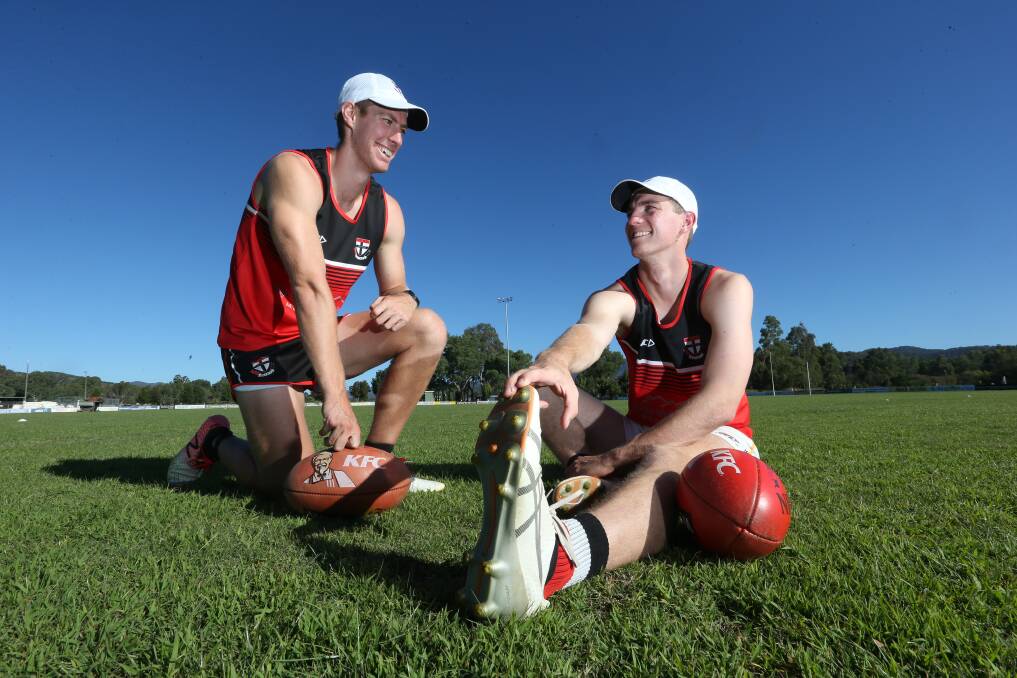 Myrtleford coach Jake Sharp (left) and younger brother Ryley will look to guide the Saints to their second successive win.