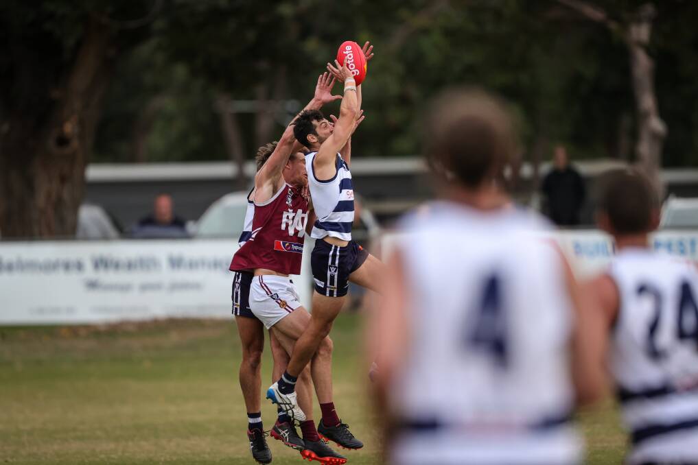 INSTANT REPLAY: Yarrawonga's Leigh Masters takes a typical mark in the closing stages against Wodonga last week. Picture: JAMES WILTSHIRE