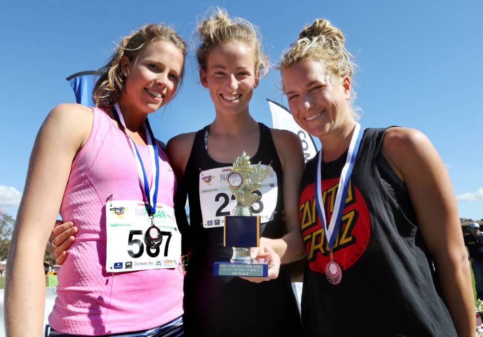 HAT-TRICK: Ellie Pashley (centre) claimed her third Nail Can Hill win in 2015 after success in 2010 and 2011.