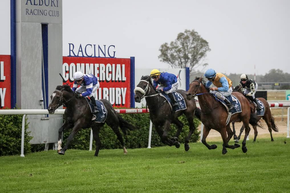 CLOSE CALL: Jockey Simon Miller guides Footmark home in a thrilling finish from Tudor Rule (outside) and Aragonese at Albury. Picture: JAMES WILTSHIRE
