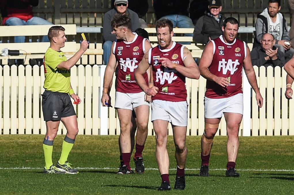 Sam Maher is sent from the field against Albury. Picture: MARK JESSER