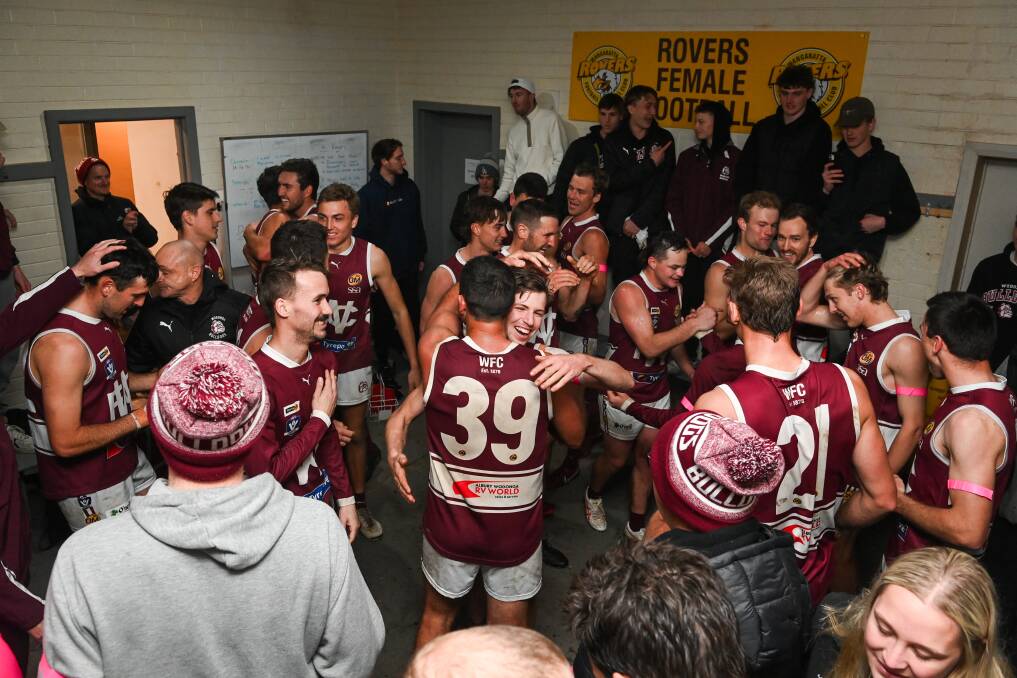 Wodonga players celebrate Saturday's gritty win over Wangaratta Rovers and qualifying for finals for the first time since 2009. Picture by Mark Jesser