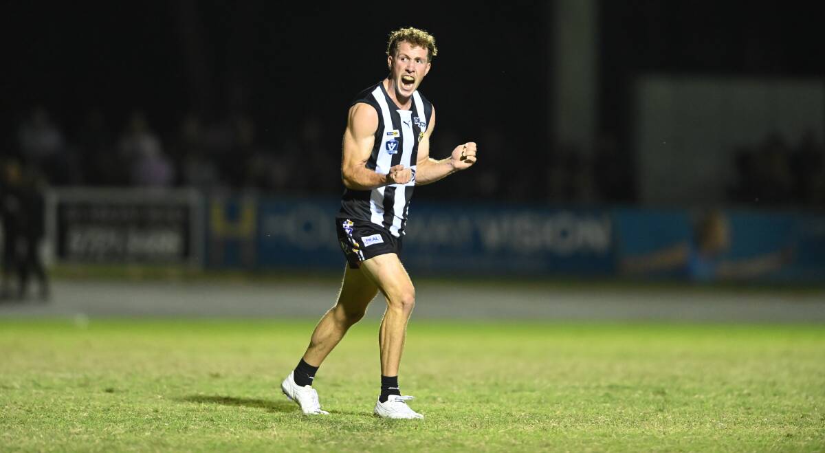 OH YEAH: Wangaratta's Luke Saunders celebrates his goal against Rovers. He was one of 12 goalkickers for the Pies in their 121-point caning at their home triumph at Norm Minns Oval. Picture: MARK JESSER
