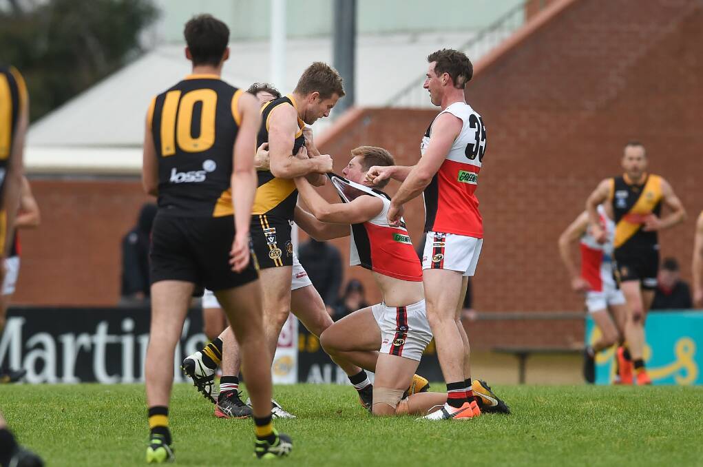 ON REPORT: Albury's Chris Hyde was charged with head-butting Myrtleford co-coach Jake Sharp at three-quarter time. Hyde said earlier this year he would retire.
