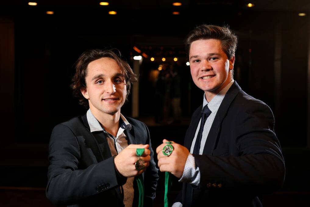 JOINT WINNERS: Albury's Oscar Hayes (left) and Wangaratta Rovers' Alessandro Belci shared the under 18s best and fairest on 26 votes. Picture: JAMES WILTSHIRE