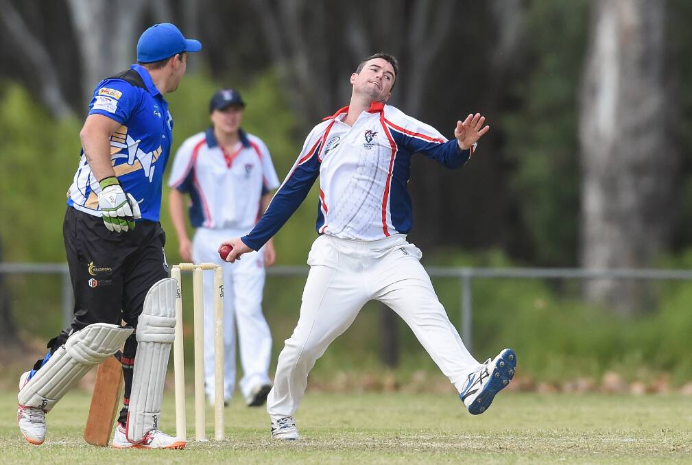 SHORT SPELL: Dederang's Jake Creamer had just the one over against Corowa, but it worked as he dismissed opener Kodee Lowe for four runs. Picture: MARK JESSER