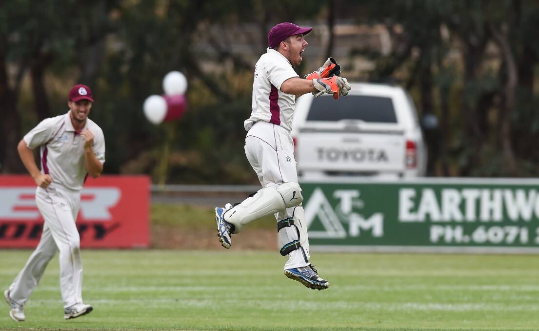HAPPY DAYS: Wodonga's BJ Garvey celebrates an early wicket against Lavington on day one in the CAW grand final at Rowen Park. Picture: MARK JESSER