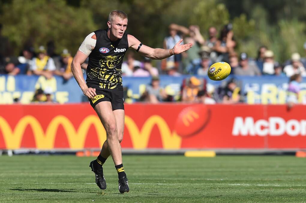 Ryan Garthwaite spent five years at Richmond, playing this pre-season game against Collingwood at Wangaratta's Norm Minns Oval in 2020. He's now targeting a return to the AFL via the SANFL.