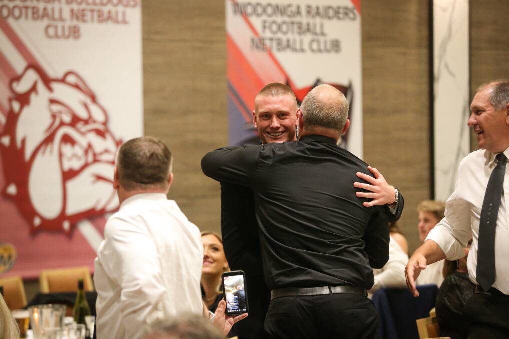 Wangaratta's Callum Moore (facing camera) is congratulated after winning the Ovens and Murray league's Morris Medal on Friday night. Picture: JAMES WILTSHIRE