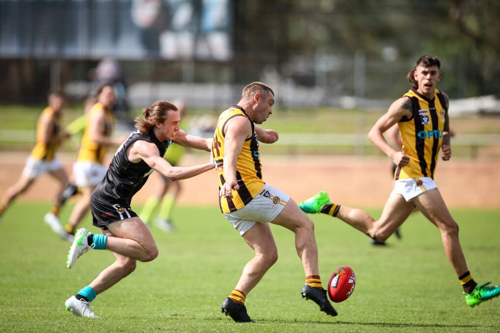 CLASS: Hawk Sam Carpenter gets his kick away, despite Macca Hallows' best efforts. Best and fairest Carpenter picked up where he left off from 2019.