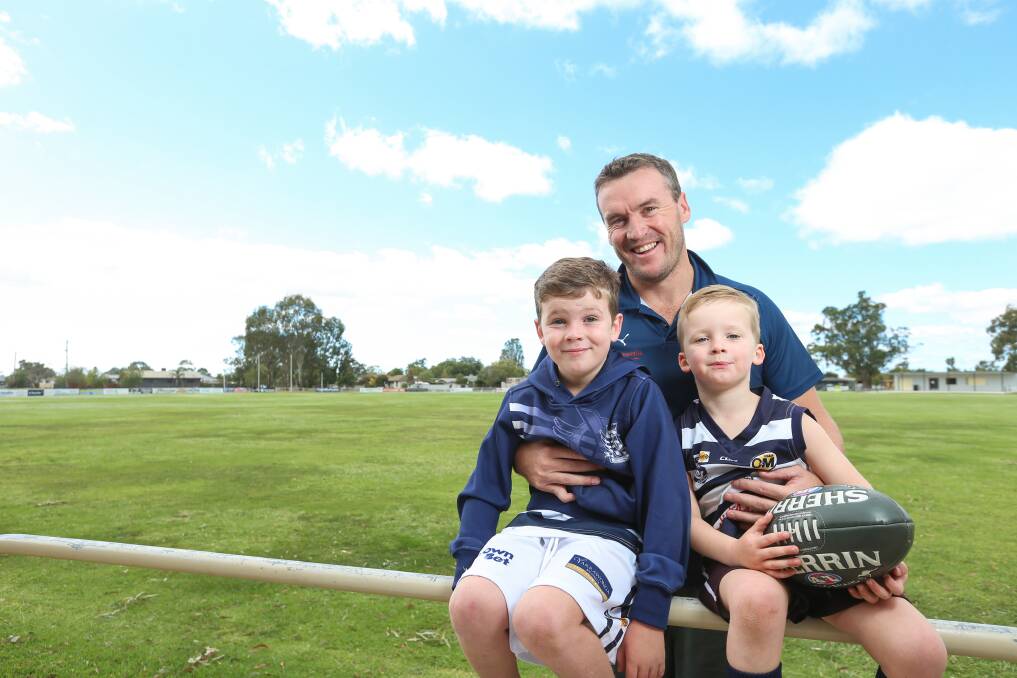 MISSING MULWALA: Yarrawonga president Ross Mulquiney and
sons, Edward, 7, (left) and Alexander, 4, had Lonsdale Reserve
to themselves on Easter Sunday. Picture: JAMES WILTSHIRE