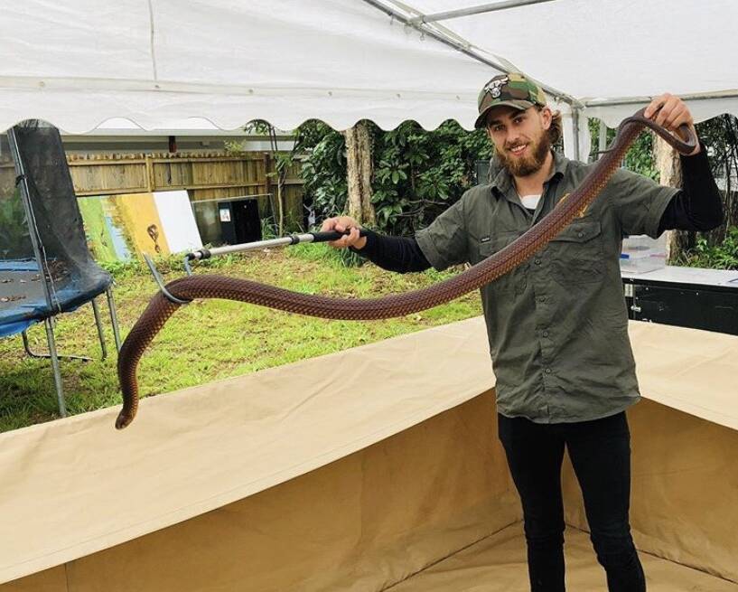 Myrtleford footballer Tom Ellard's hobby is snakes and he has around 20 of his own, with plans to open a reptile park in Melbourne. Ellard plans to tour schools in the country and can be contacted on 0435-045-080. Picture: SUPPLIED
