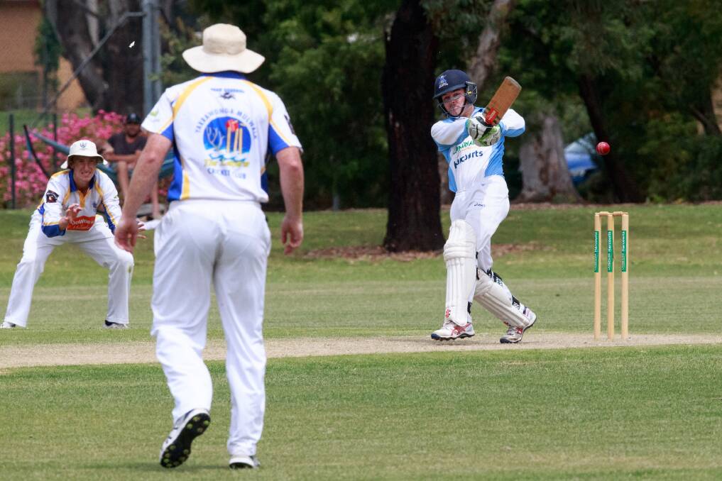 TAKE THAT: City Colts' Will Creed plays an attacking shot against Yarrawonga Mulwala. Creed managed just 12 runs. Picture: SIMON BAYLISS