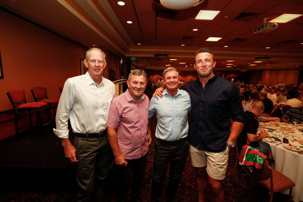 TOP SHOW: South Sydney coach Wayne Bennett (left), Penrith premiership player Royce Simmons, Kiwi international Gary Freeman and South Sydney enforcer Sam Burgess provided terrific entertainment at a luncheon to coincide with Souths' visit. Picture: JAMES WILTSHIRE