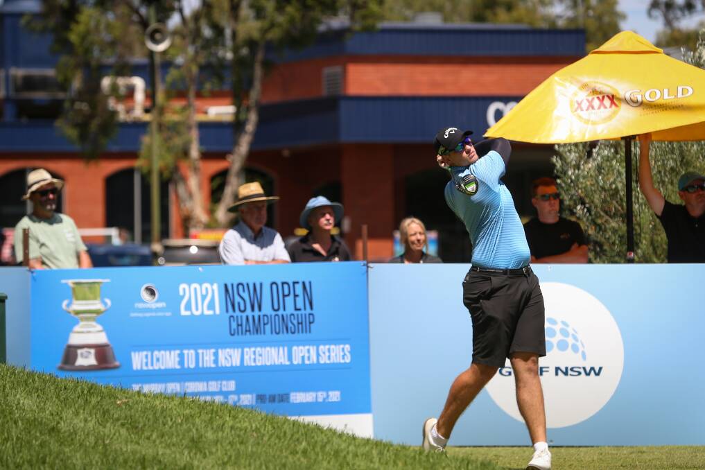 POWER PACKED: Josh Armstrong made history in becoming the first winner of The Murray Open at Corowa, posting an eagle on the 15th. Pictures: JAMES WILTSHIRE
