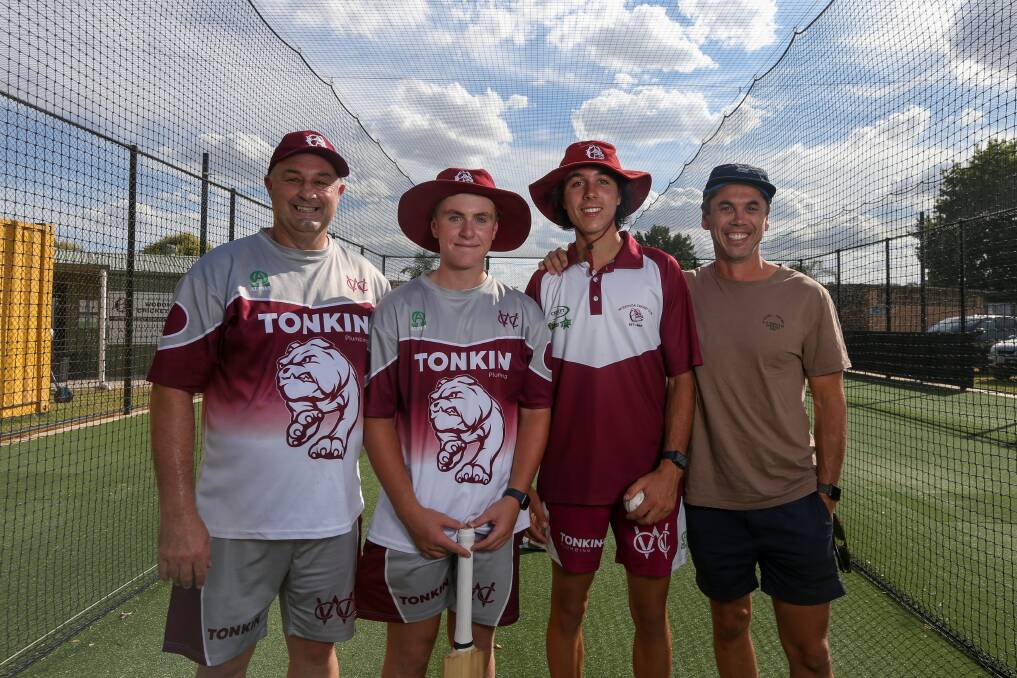 FUN TIMES: Former Wodonga gun Wayne Ashton (left) and son Will join Ollie Hollands and his father Ben at Bulldogs' training. The Ashtons played in cricket premierships together in Wangaratta. Picture: TARA TREWHELLA