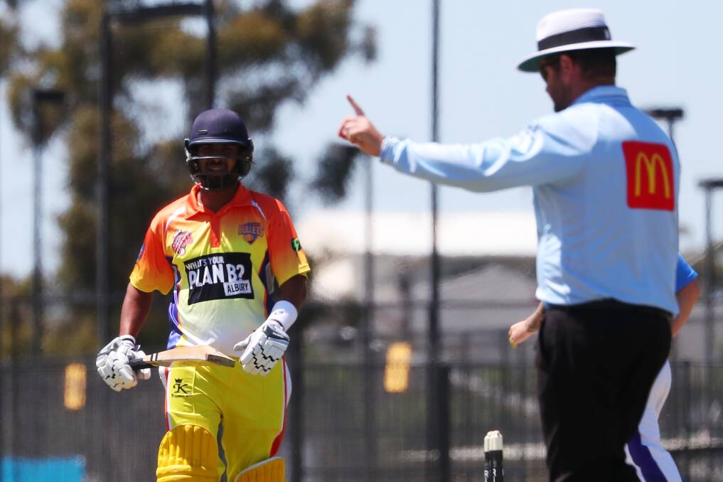 The umpire informs Mahesh Kodamullage his innings of 14 from as many balls is over. The Bullets couldn't field Victorian-based players due to COVID-19 restrictions.