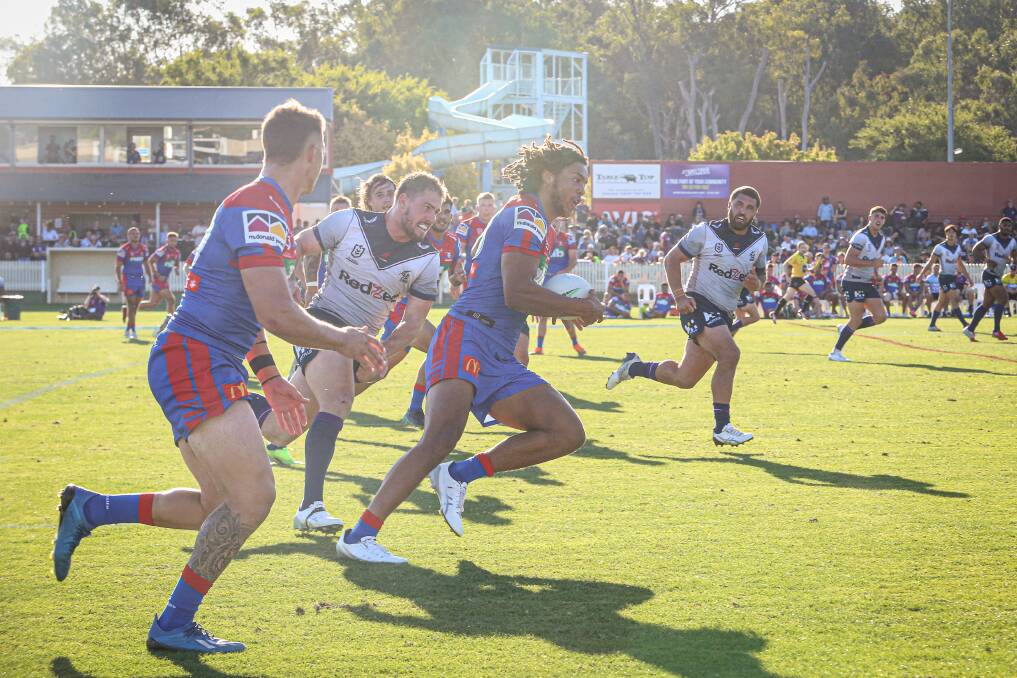 GIANT TEEN: Newcastle centre Dominic Young is just 19 and in his first season from England, but his sheer size alone, around 2m, will catch the eye. He scored a late try in the 30-10 loss to Melbourne Storm. Picture: JAMES WILTSHIRE