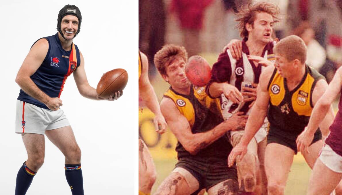 FROM THE 'DOGS TO THE 'BURBS: Tom Siegert is well known as The Suburban Footballer (left), but he was also a Wodonga Bulldog (centre) in the 1990s.
