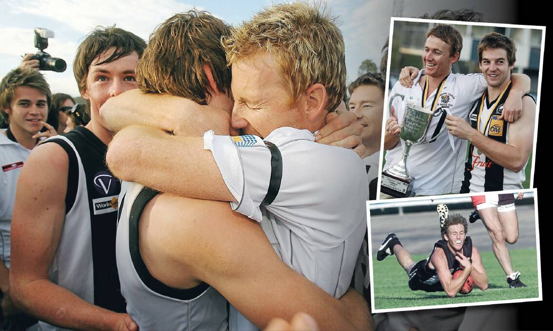 Jason Lappin (main pic) celebrates winning the 2007 flag as coach, while he backed it up the following season with captain Judd Porter and shows typical commitment for the Pies as a player, where he won four best and fairests.