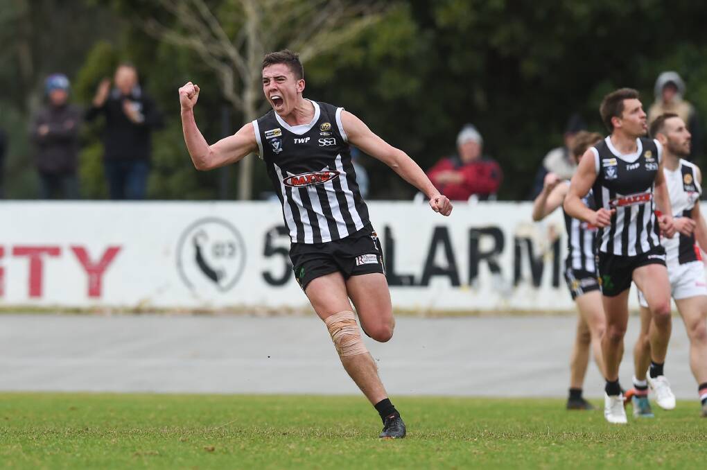 DROUGHT BREAKER: Wangaratta's Daniel Sharrock celebrates after kicking the Pies' first goal after 25 minutes in the first term. Picture: MARK JESSER