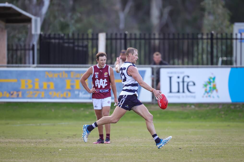 WELCOME ABOARD: Yarrawonga full-forward Leigh Williams booted five goals on debut in the club's hard-fought 17-point win over a gallant Wodonga on Saturday. Pictures: JAMES WILTSHIRE