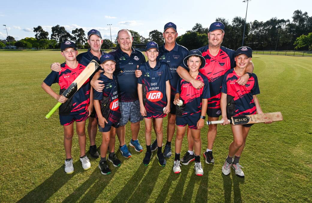 East Albury has a host of father-son combinations, including (from left) Jack Hogan, 13 and Stephen Hogan, Mitch Sheather, 12, and Scott Sheather, Jonty Hoskin, 14 and Aaron Hoskin, Jack Anderson, 12 and Caleb Anderson, 12 with father Cade Anderson. Picture by Mark Jesser