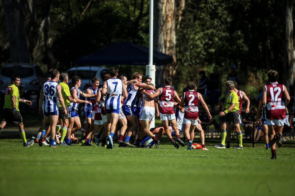 Tempers flared on half-time with Wodonga playing a man short for 15 minutes. Picture: JAMES WILTSHIRE
