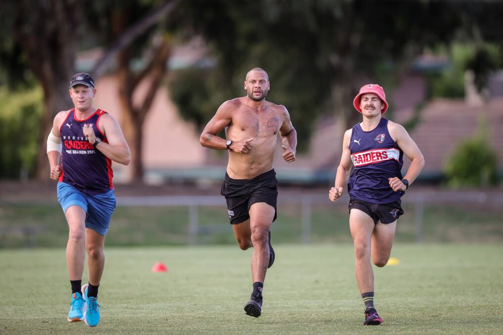 The O and M league's highest profile recruit for last season - ex-AFL player Cam Ellis-Yolmen (centre) - hits the training track with his team-mates. Picture by James Wiltshire