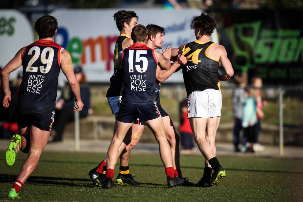 Wodonga Raiders remonstrate with Albury's Sam Schulz following the incident which left Brodie Filo with a broken jaw.