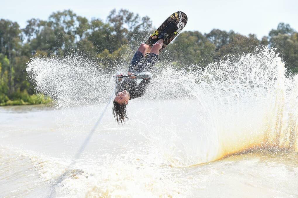 FLYING HIGH: Wagga's Callan Ashcroft tackles the trick event in the statewide series on Wodonga's Gateway Lakes. Picture: MARK JESSER