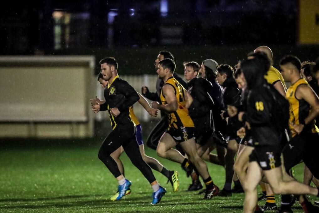 Albury's Brayden O'Hara leads the Tigers at training on Thursday night, ahead of the second semi against Wodonga Raiders.