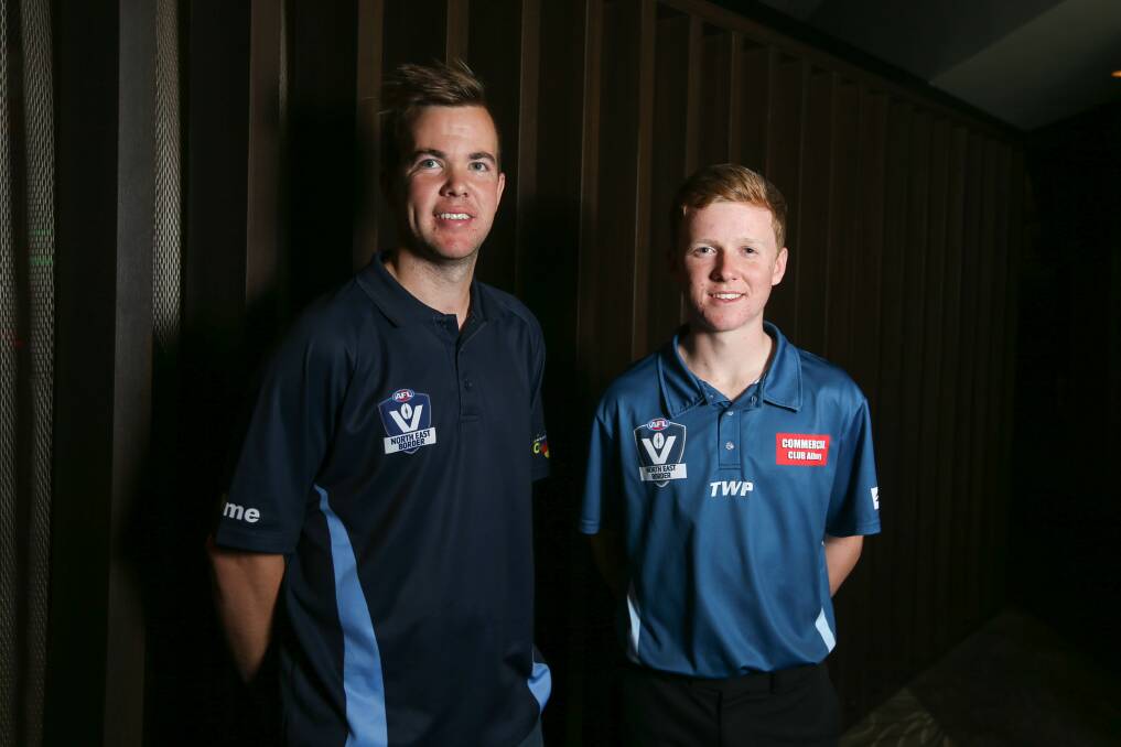 BACK AGAIN: Jason Raine (left) and Hayden Pearson will umpire Sunday's grand final between Wangaratta and Lavington. Picture: TARA TREWHELLA