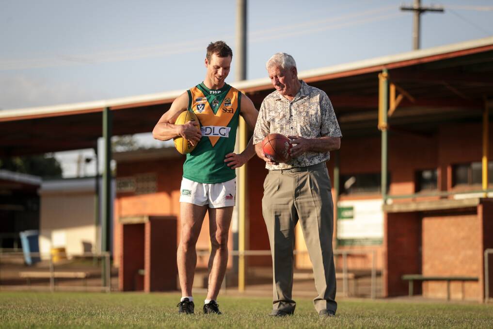 TWO LEGENDS: Dan Leslie will break Stan Sargeant's North Albury games record of 289 when the Hoppers host Yarrawonga on Saturday. Picture: JAMES WILTSHIRE