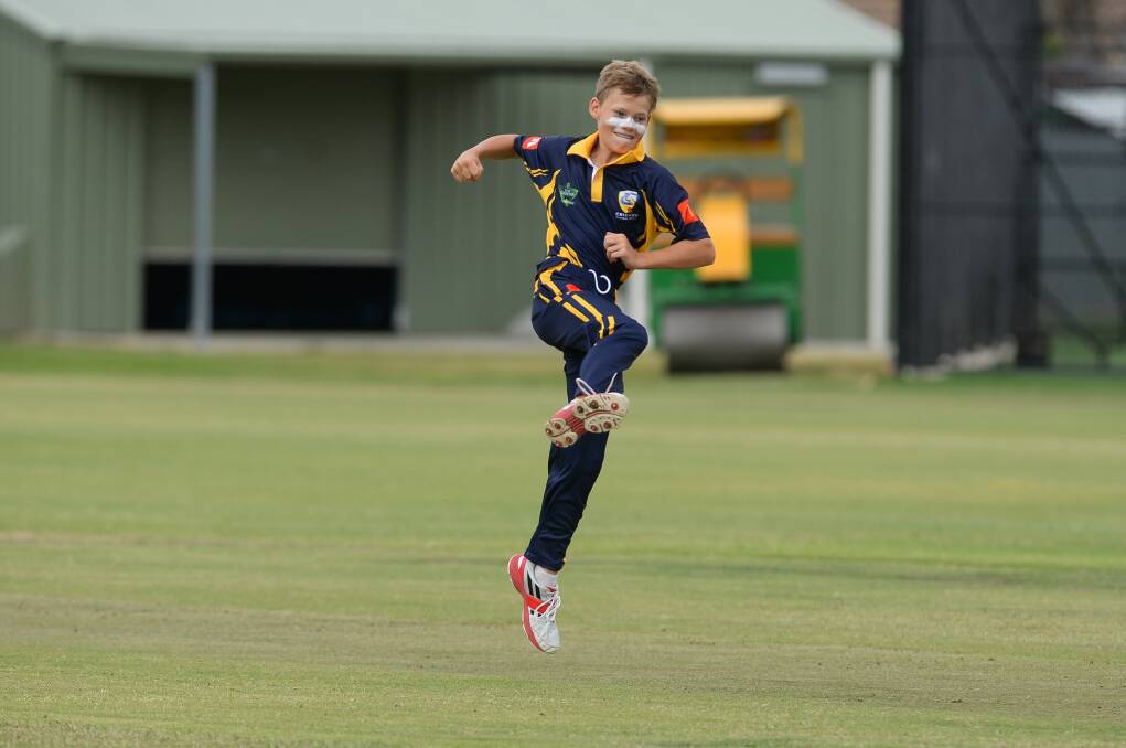 OH WHAT A FEELING: Central Coast's Lachie Shedden is delighted after claiming the wicket of the dangerous Jake Scott in the Kookaburra Cup (under 14) game. Pictures: MARK JESSER