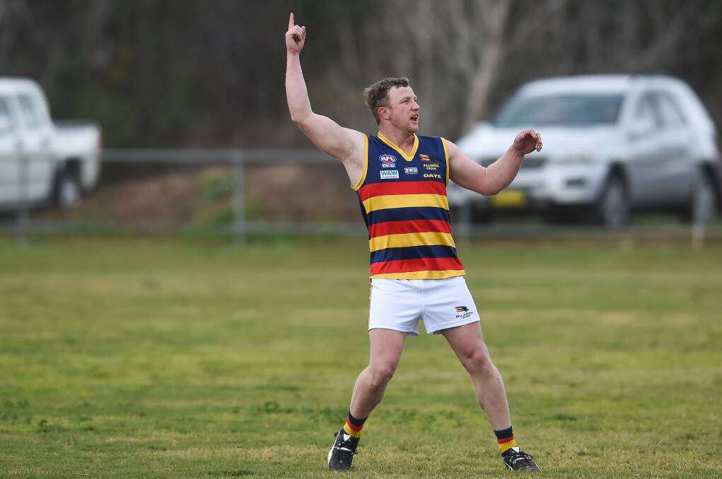 Nick Brockley was celebrating a goal for Hume League outfit Billabong Crows in 2019, but he's now starring for Cudgewa in the Upper Murray.