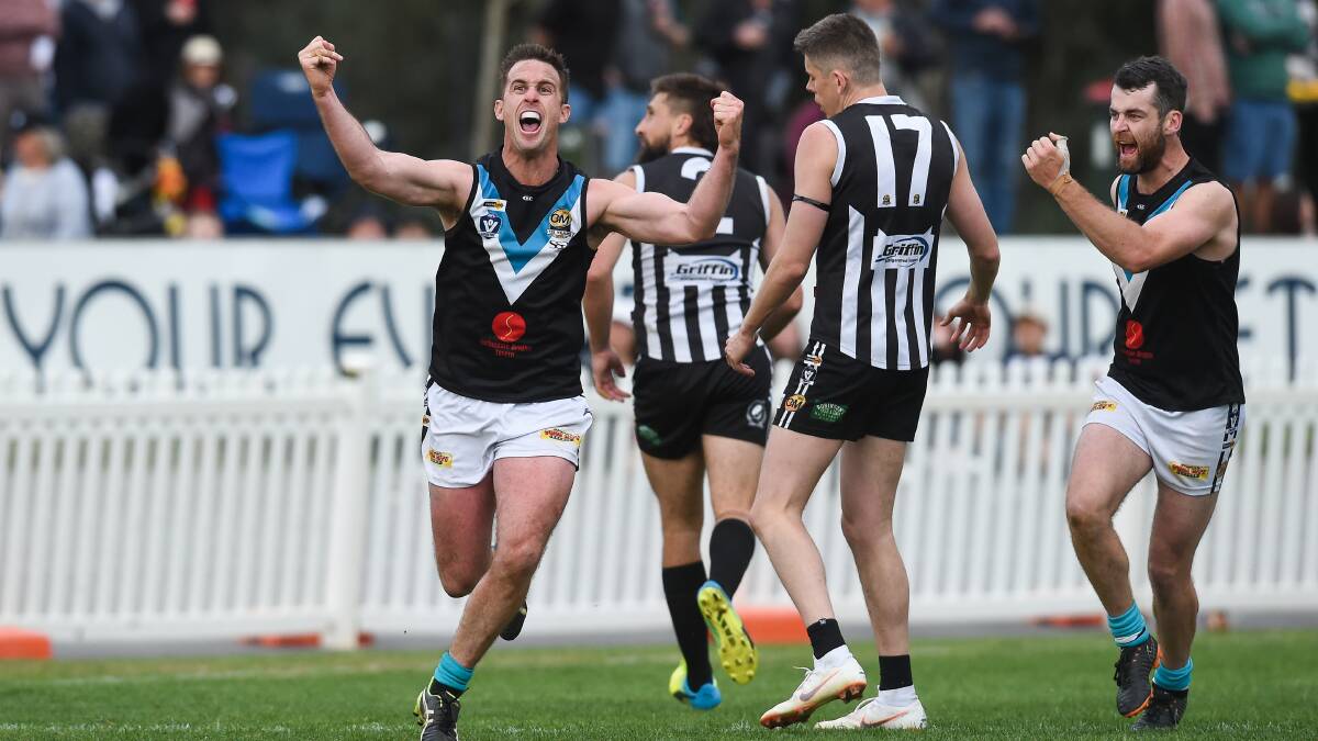 Lavington captain Luke Garland celebrates a goal in the grand final win over Wangaratta in 2019. COVID might mean that's the last decider we see until 2022.