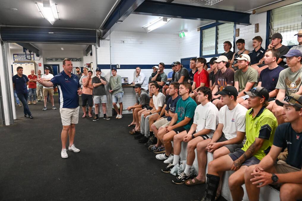 Steve Johnson is introduced to the Yarrawonga Football Netball Club for the first time last October. The Pigeons will play their first game under Johnson on Sunday, April 9.