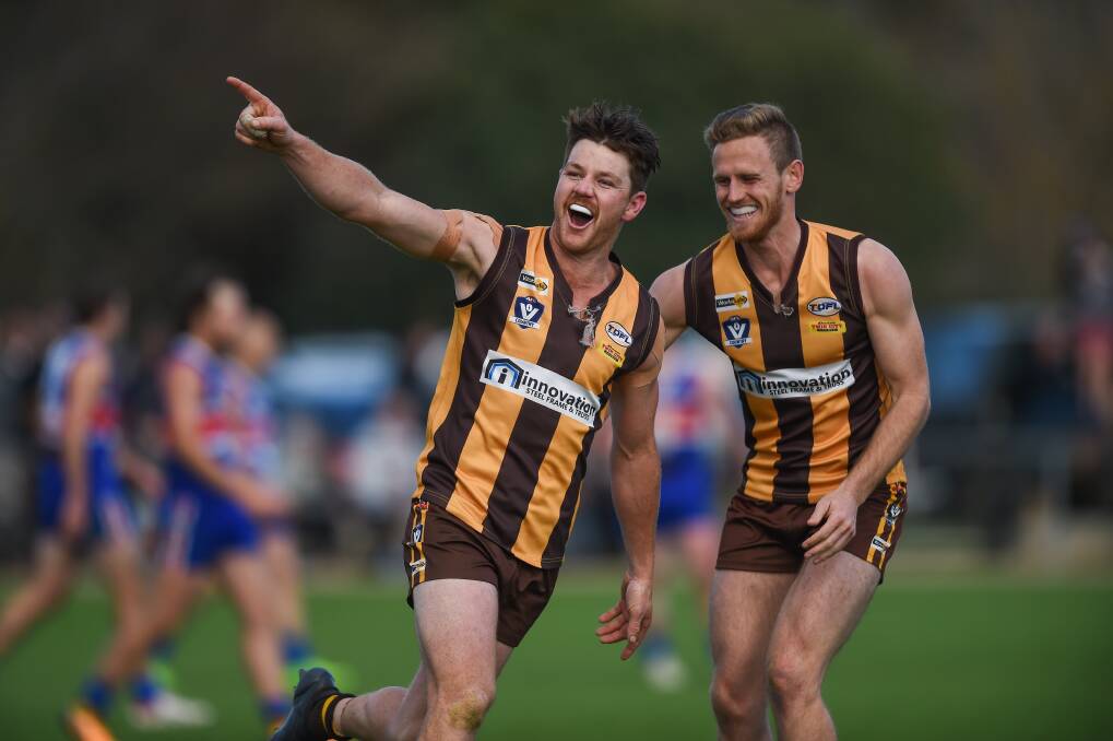 TIM'S TREAT: The Hawks' Tim Kindellan celebrates his last quarter goal. The former O and M player featured after keeping star opponent Jayden Kotzur to 10 touches.