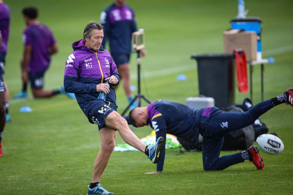 KICKING ON: Coach Craig Bellamy shows some old skills at Albury Sportsground, which the Storm has been raving about. Picture: JAMES WILTSHIRE