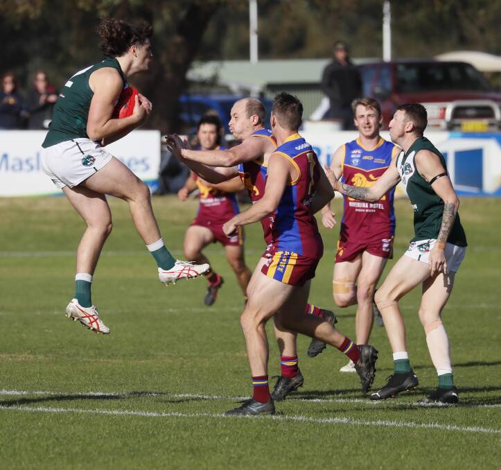 Tim Oosterhoff marks against Ganmain-Grong Grong-Matong in the Riverina Football League last season. Picture by Les Smith