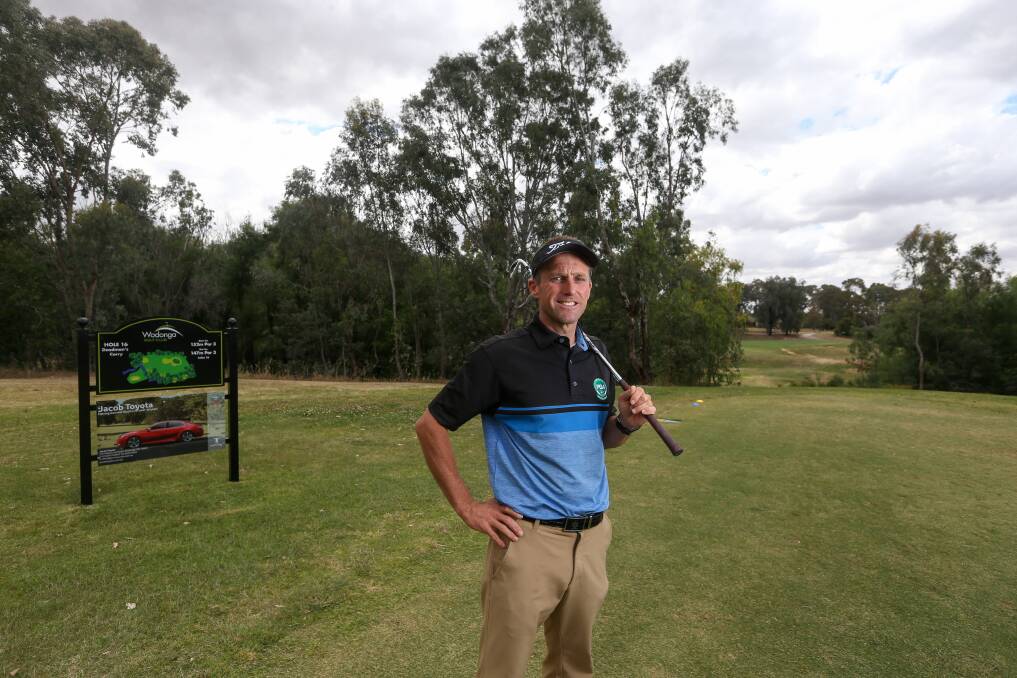 LUCRATIVE SHOT: Club pro Gavin Vearing stands on the 16th tee, where an amateur will win a six-figure caravan if they can ace the hole. Picture: TARA TREWHELLA